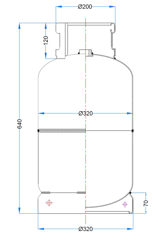 Design of 15 Kg Domestic LPG Cylinder with Dimensions Displayed